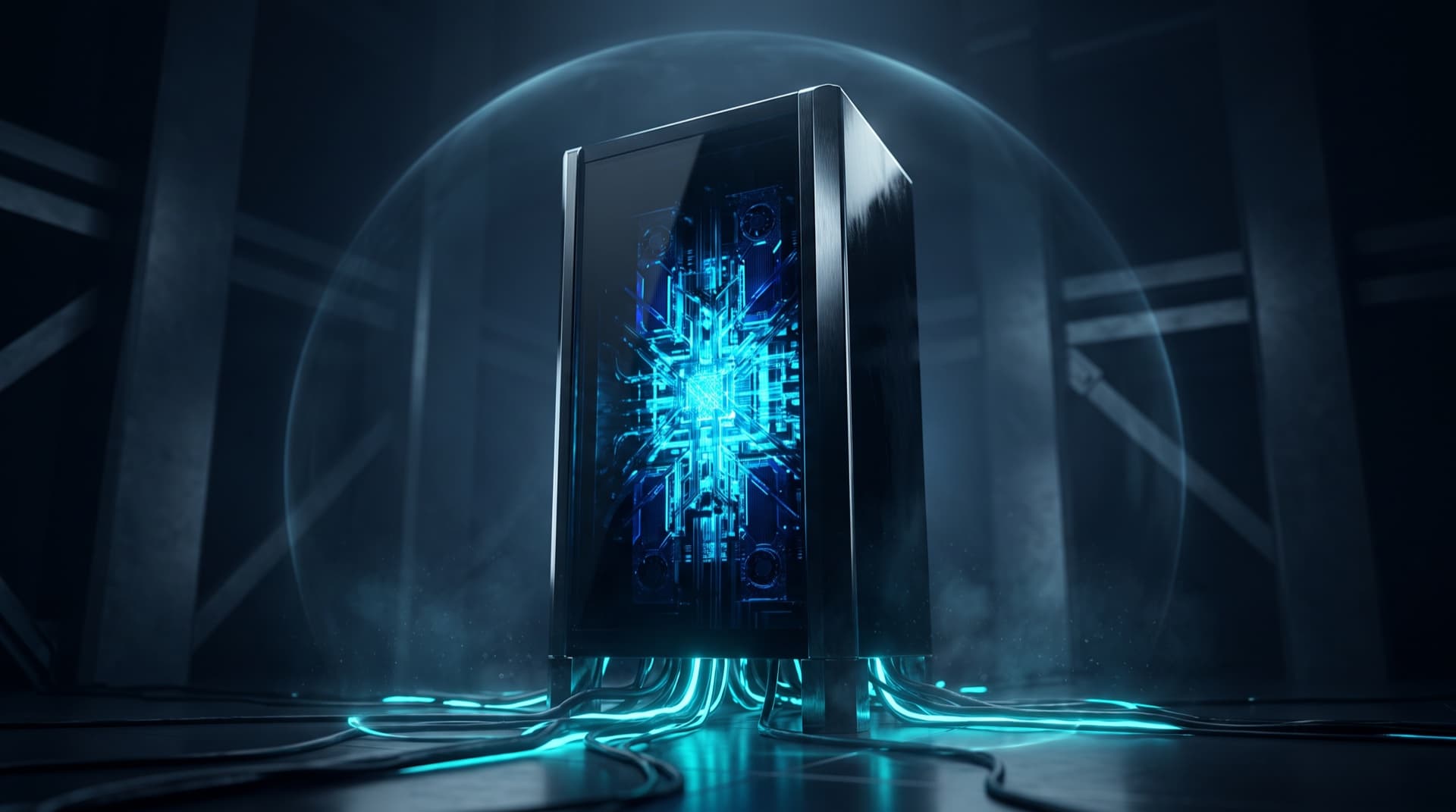 A sovereign LLM appliance: an obsidian server slab with a glowing GPU lattice, standing in a private vault