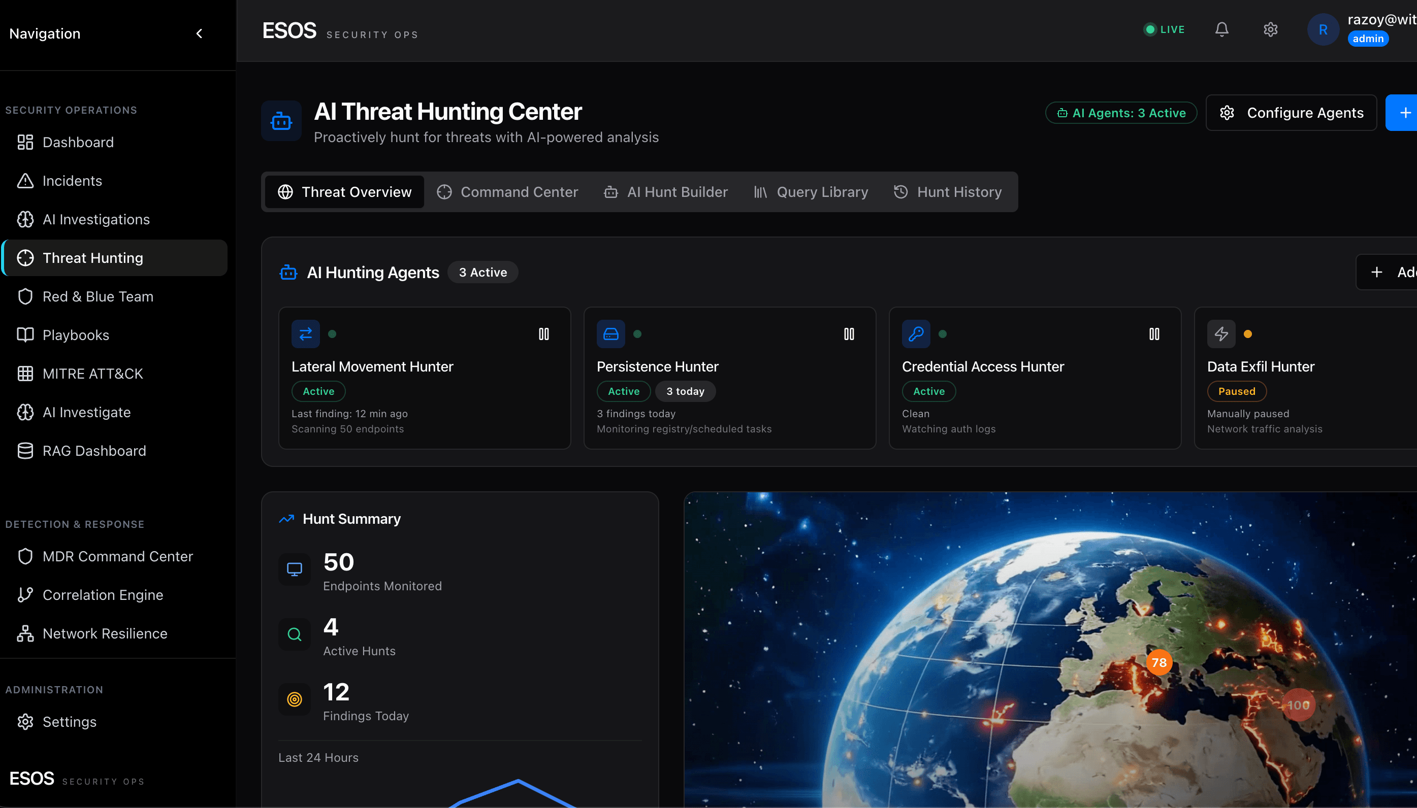 ESOS Threat Hunting cockpit · live hunt evidence and ATT&CK coverage map