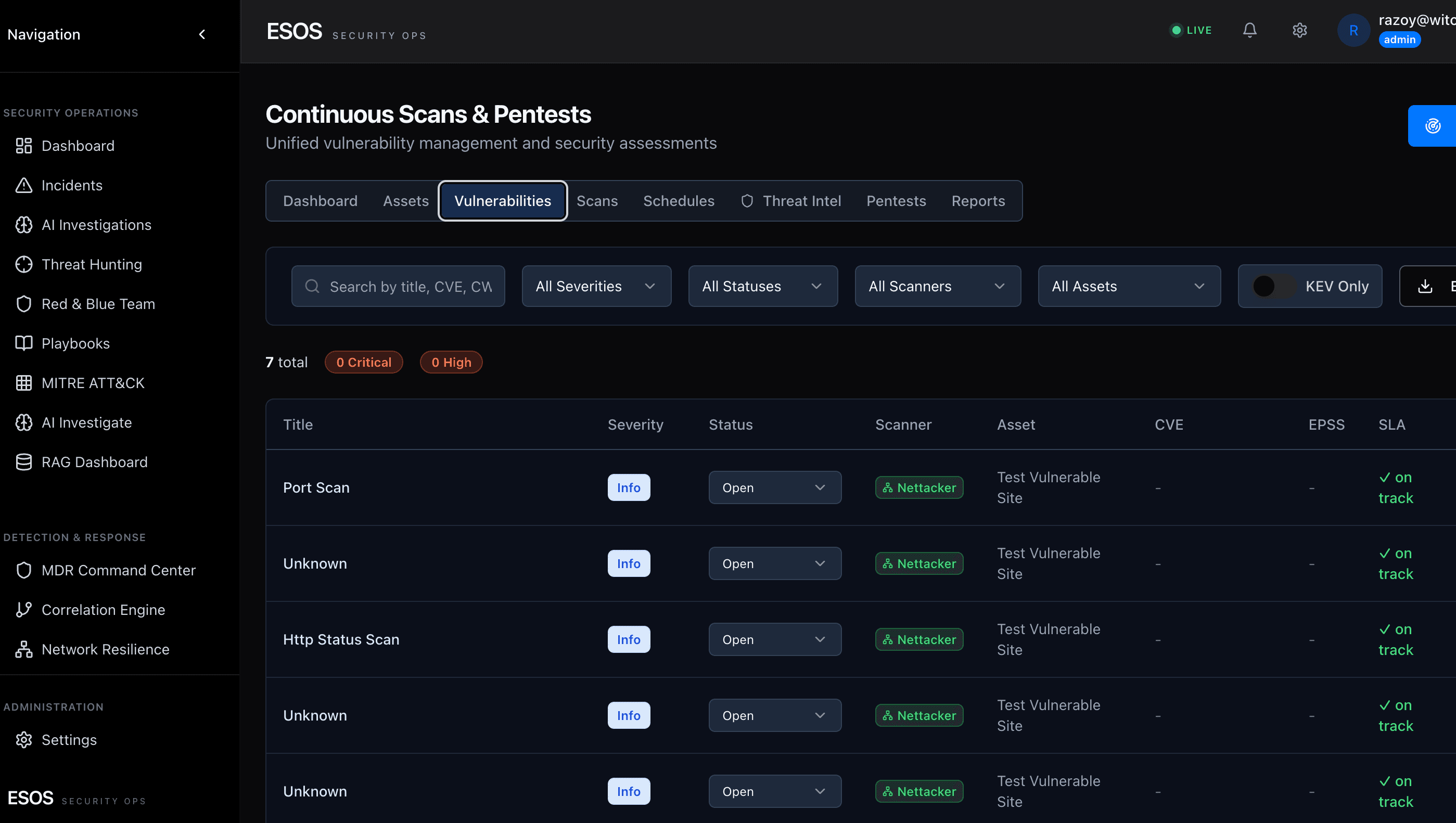 ESOS Vulnerability Management cockpit — prioritized CVE remediation queue with EPSS / KEV / reachability